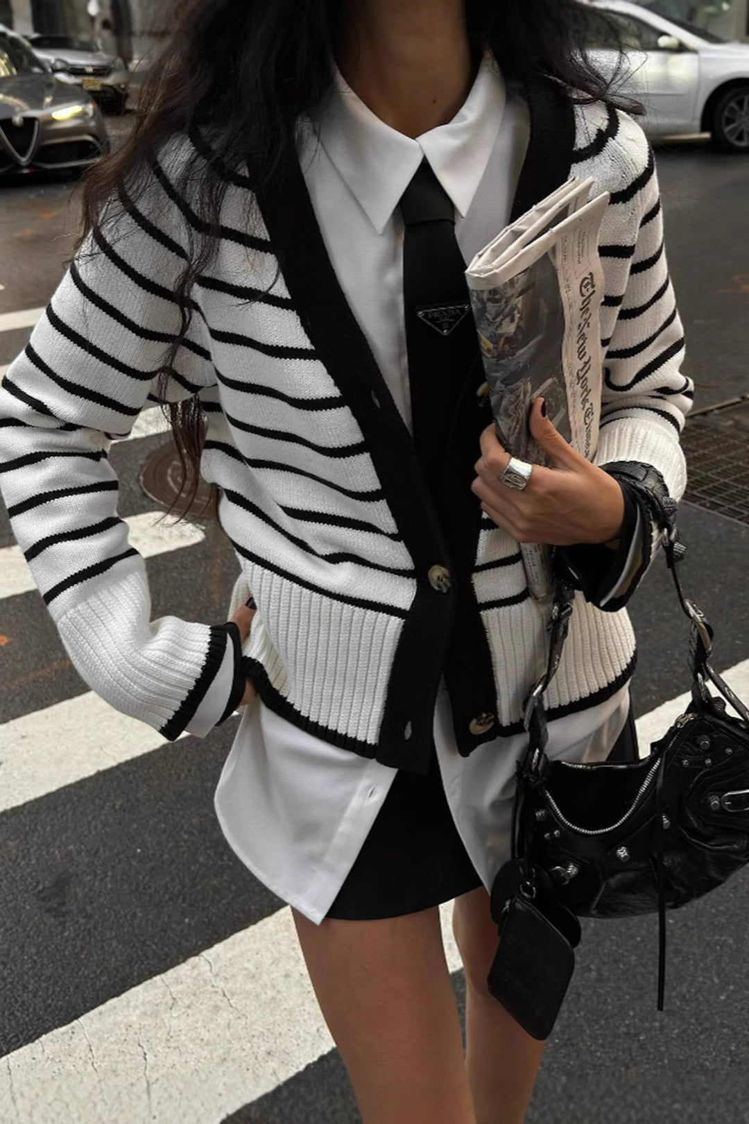 Knit V-Neck Contrast Stripe Cardigan