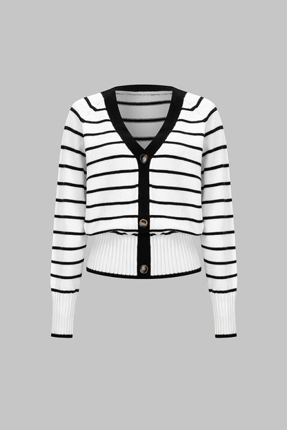 Knit V-Neck Contrast Stripe Cardigan