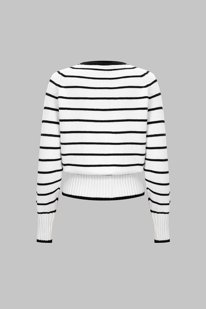Knit V-Neck Contrast Stripe Cardigan
