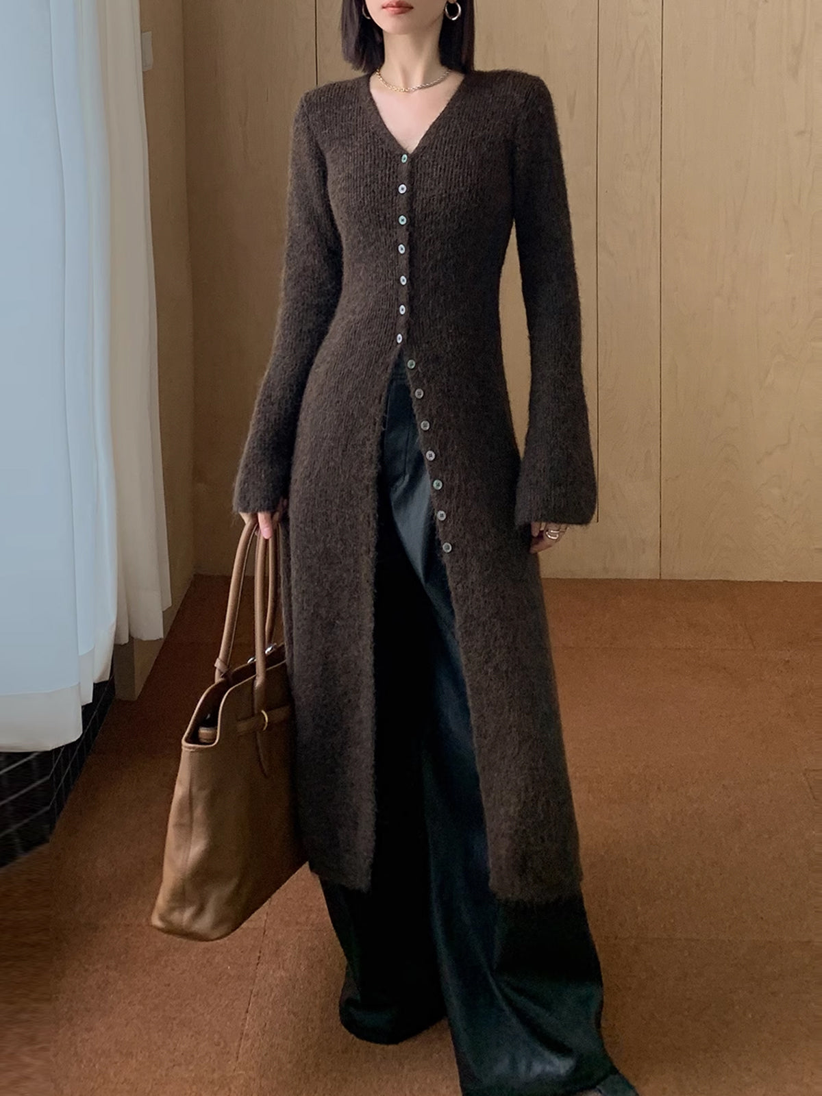 Knit V-Neck Split Detail Midi Dress