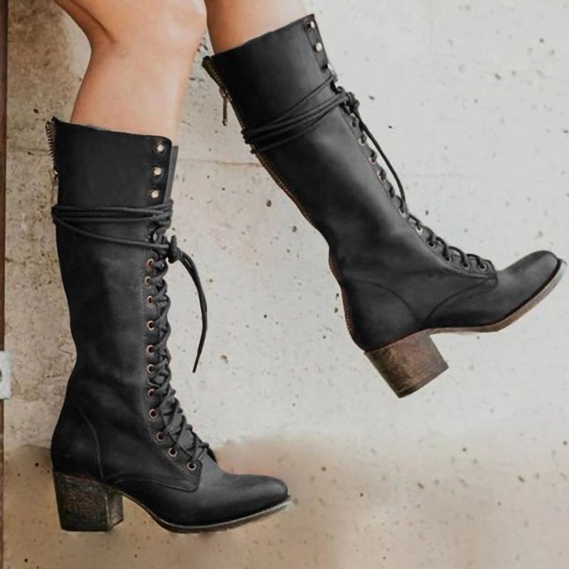 Lace-Up Faux Leather Knee High Boots