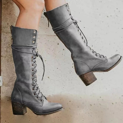 Lace-Up Faux Leather Knee High Boots