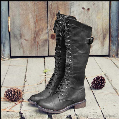 Lace-Up Faux Leather Knee High Boots