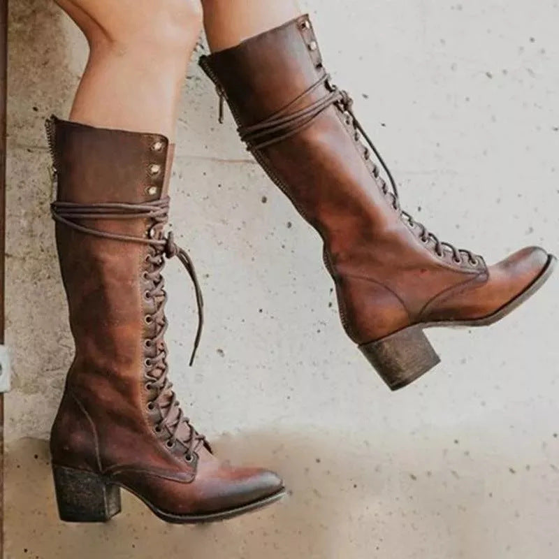 Lace-Up Faux Leather Knee High Boots