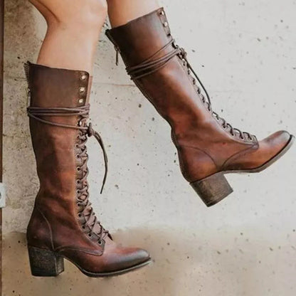 Lace-Up Faux Leather Knee High Boots