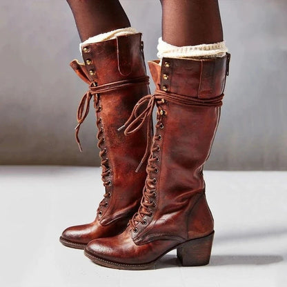 Lace-Up Faux Leather Knee High Boots