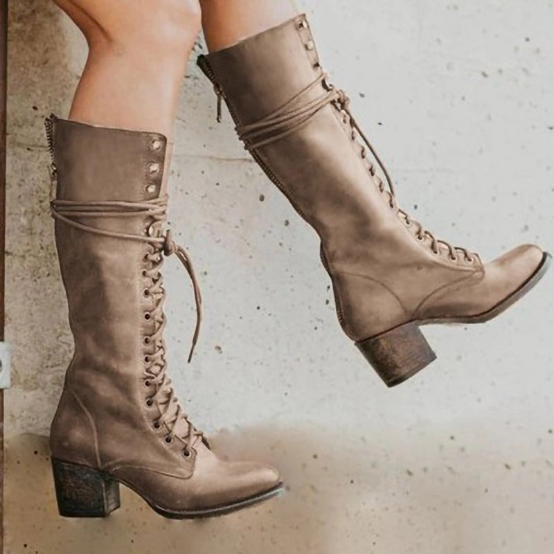 Lace-Up Faux Leather Knee High Boots
