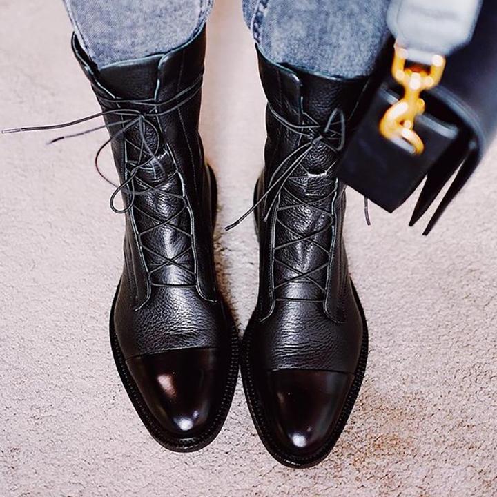 Lace-Up Leather Black Ankle Boots