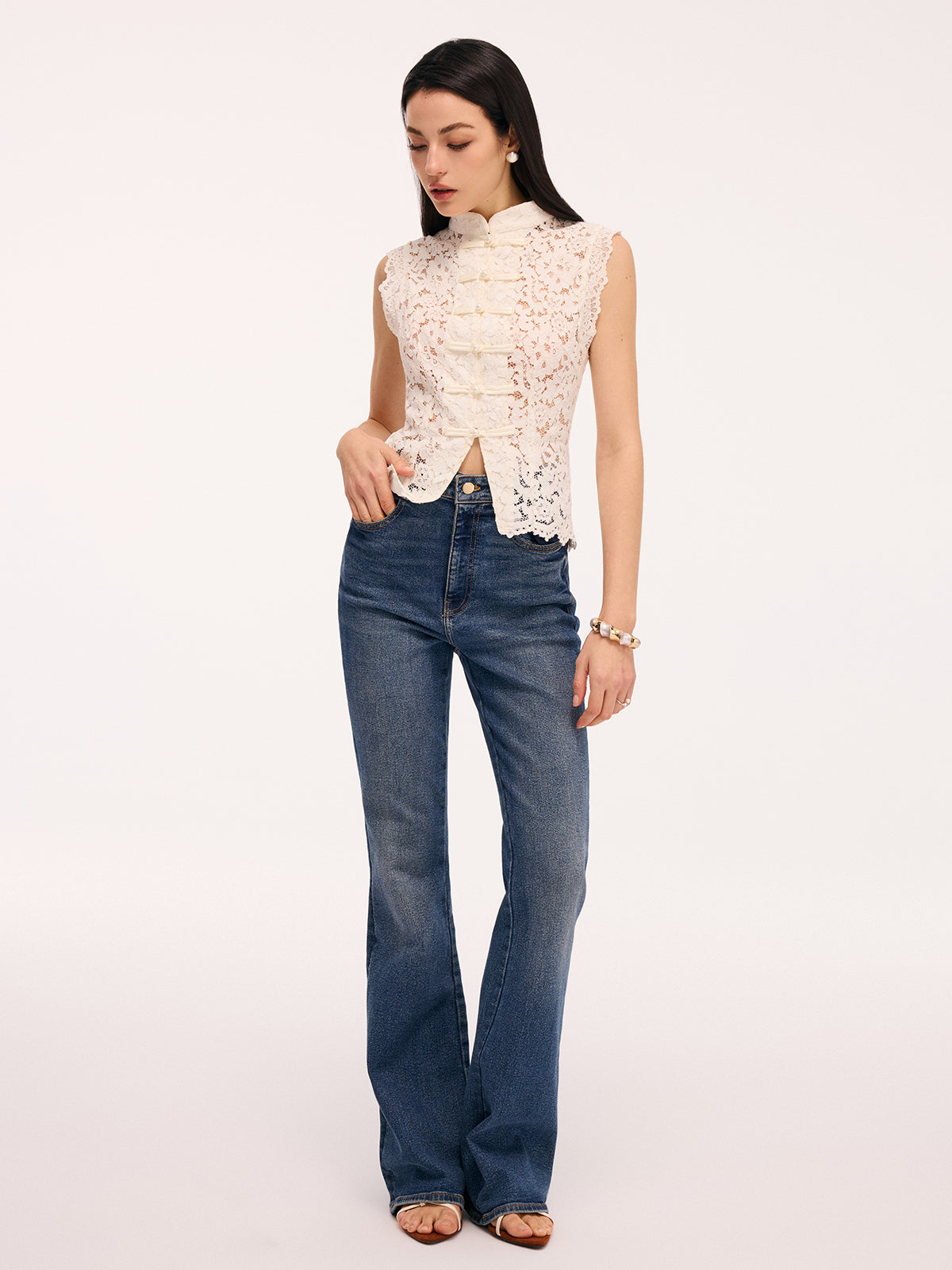 Lace Mandarin Collar Sleeveless Tank Top