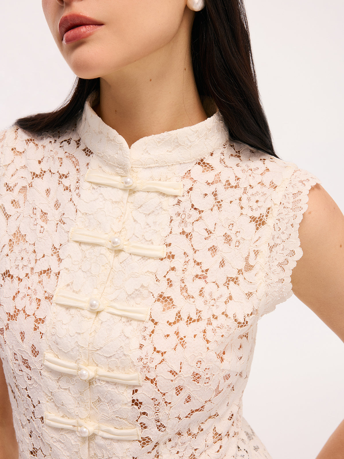 Lace Mandarin Collar Sleeveless Tank Top