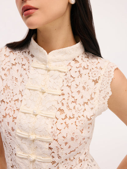 Lace Mandarin Collar Sleeveless Tank Top