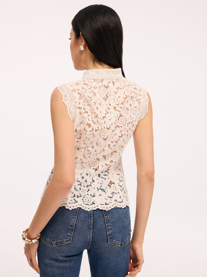 Lace Mandarin Collar Sleeveless Tank Top