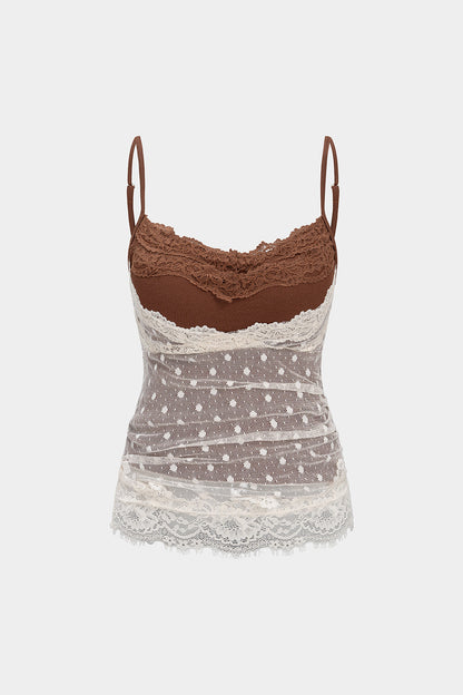 Lace V-Neck Contrast Polka Dot Tank Top