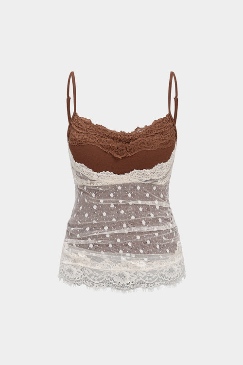 Lace V-Neck Contrast Polka Dot Tank Top