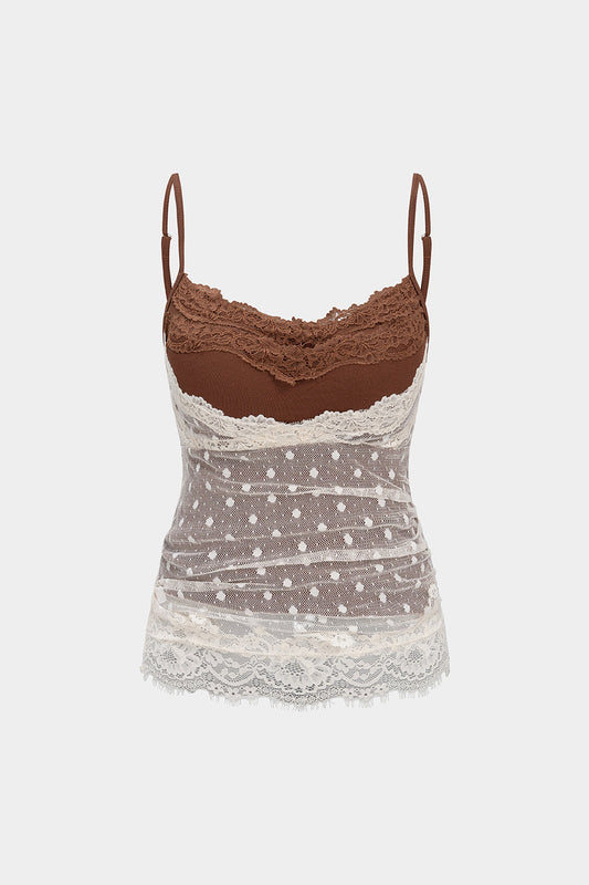 Lace V-Neck Contrast Polka Dot Tank Top