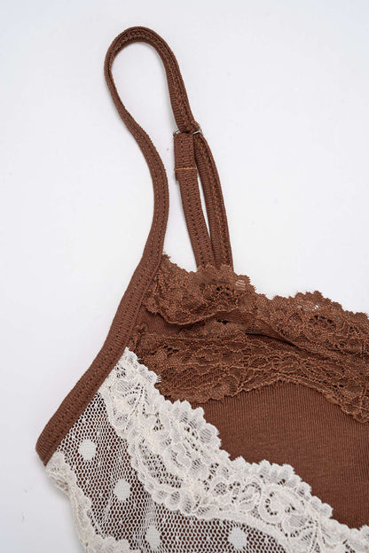 Lace V-Neck Contrast Polka Dot Tank Top