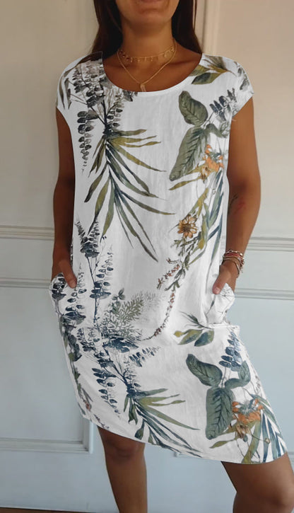 Leaf Print Short Sleeve Summer Dress