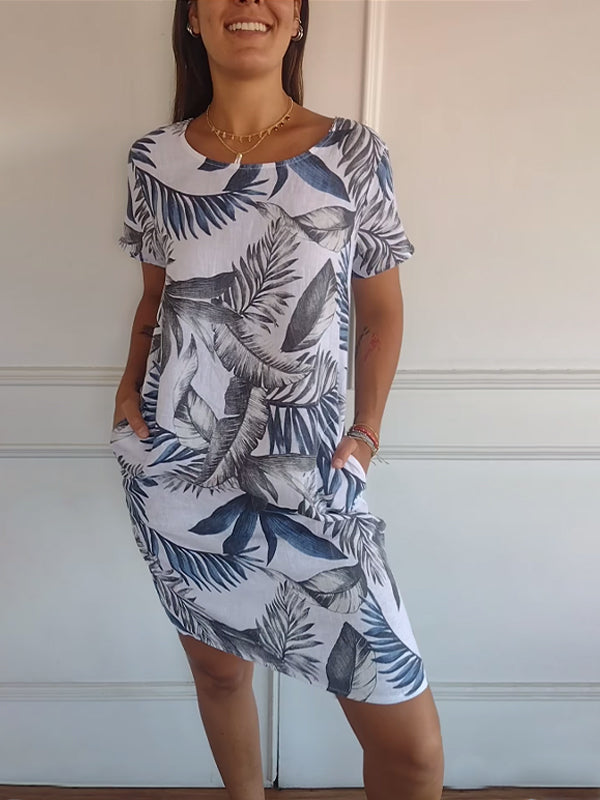 Leaf Print Short Sleeve Summer Dress