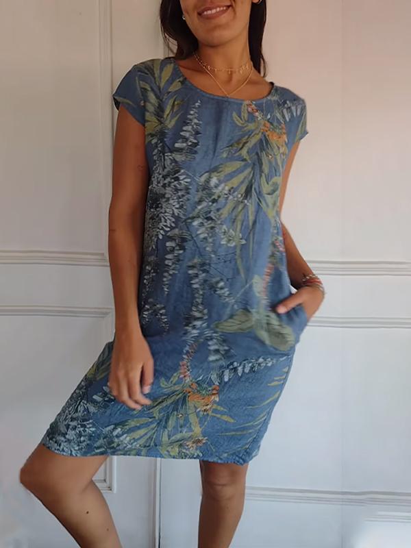 Leaf Print Short Sleeve Summer Dress