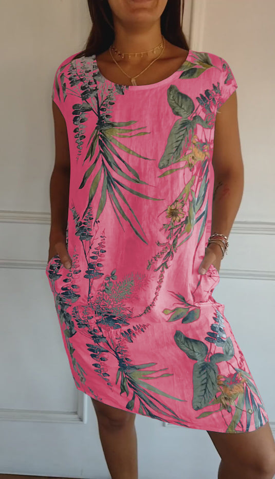 Leaf Print Short Sleeve Summer Dress