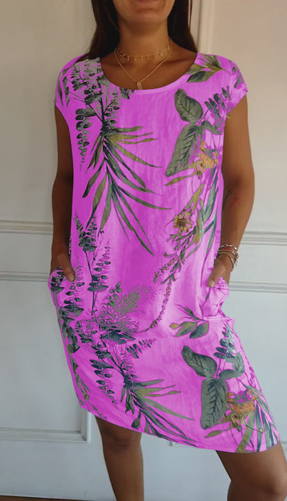 Leaf Print Short Sleeve Summer Dress
