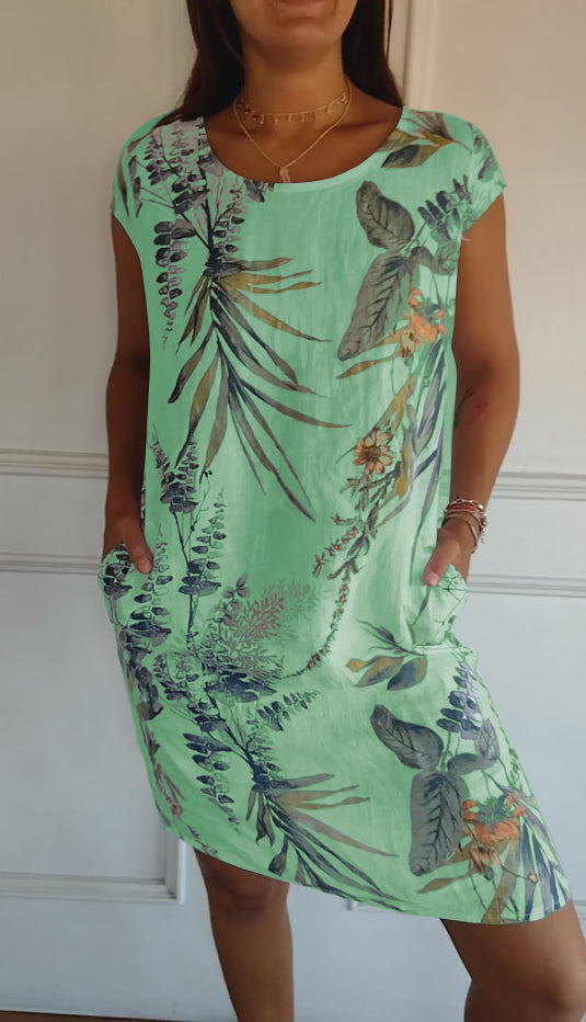 Leaf Print Short Sleeve Summer Dress