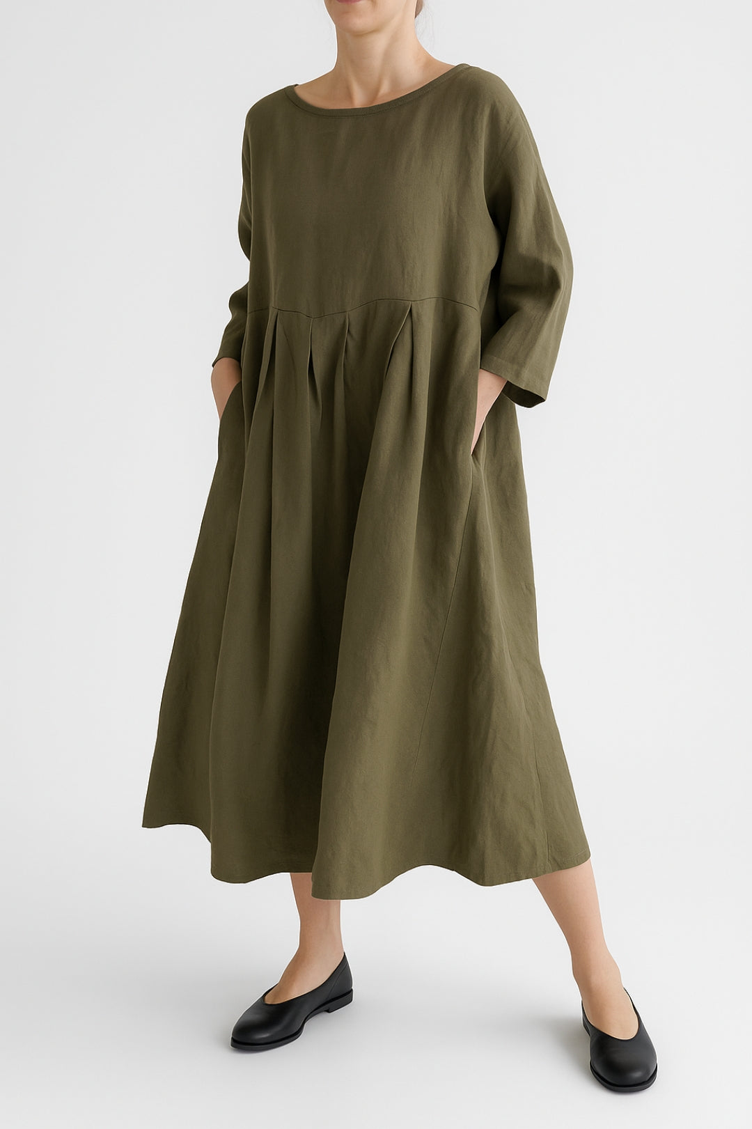 Lightweight Cotton Front Pleat Midi Dress