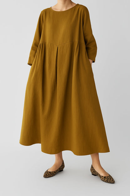 Lightweight Cotton Front Pleat Midi Dress