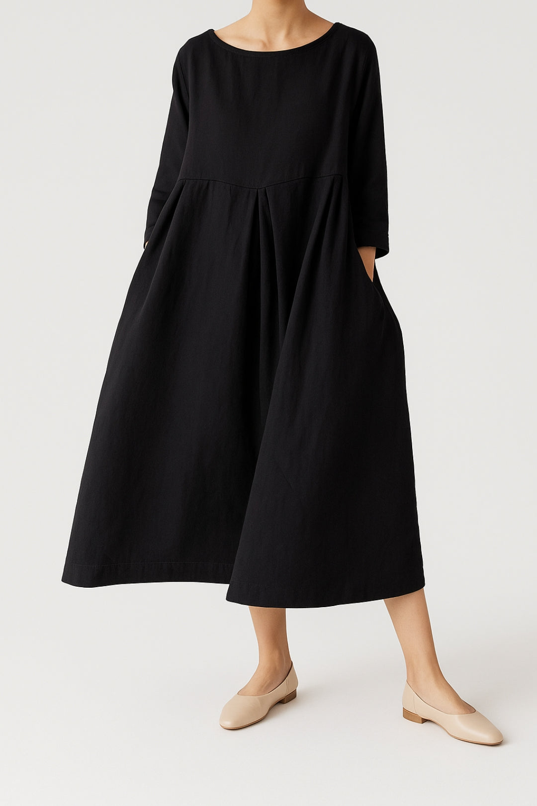 Lightweight Cotton Front Pleat Midi Dress