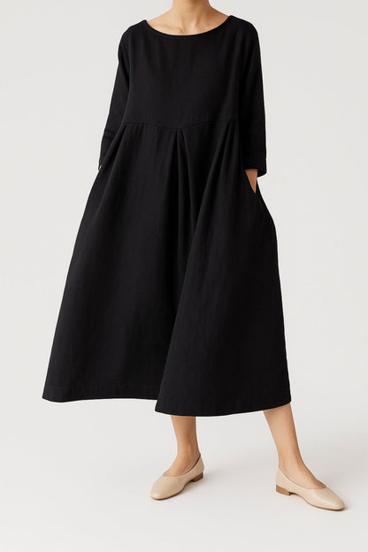 Lightweight Cotton Front Pleat Midi Dress