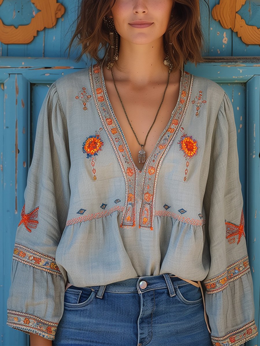 Lightweight Embroidered V-Neck Blouse