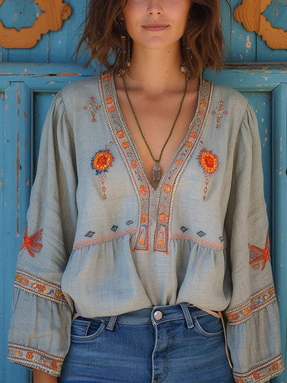 Lightweight Embroidered V-Neck Blouse