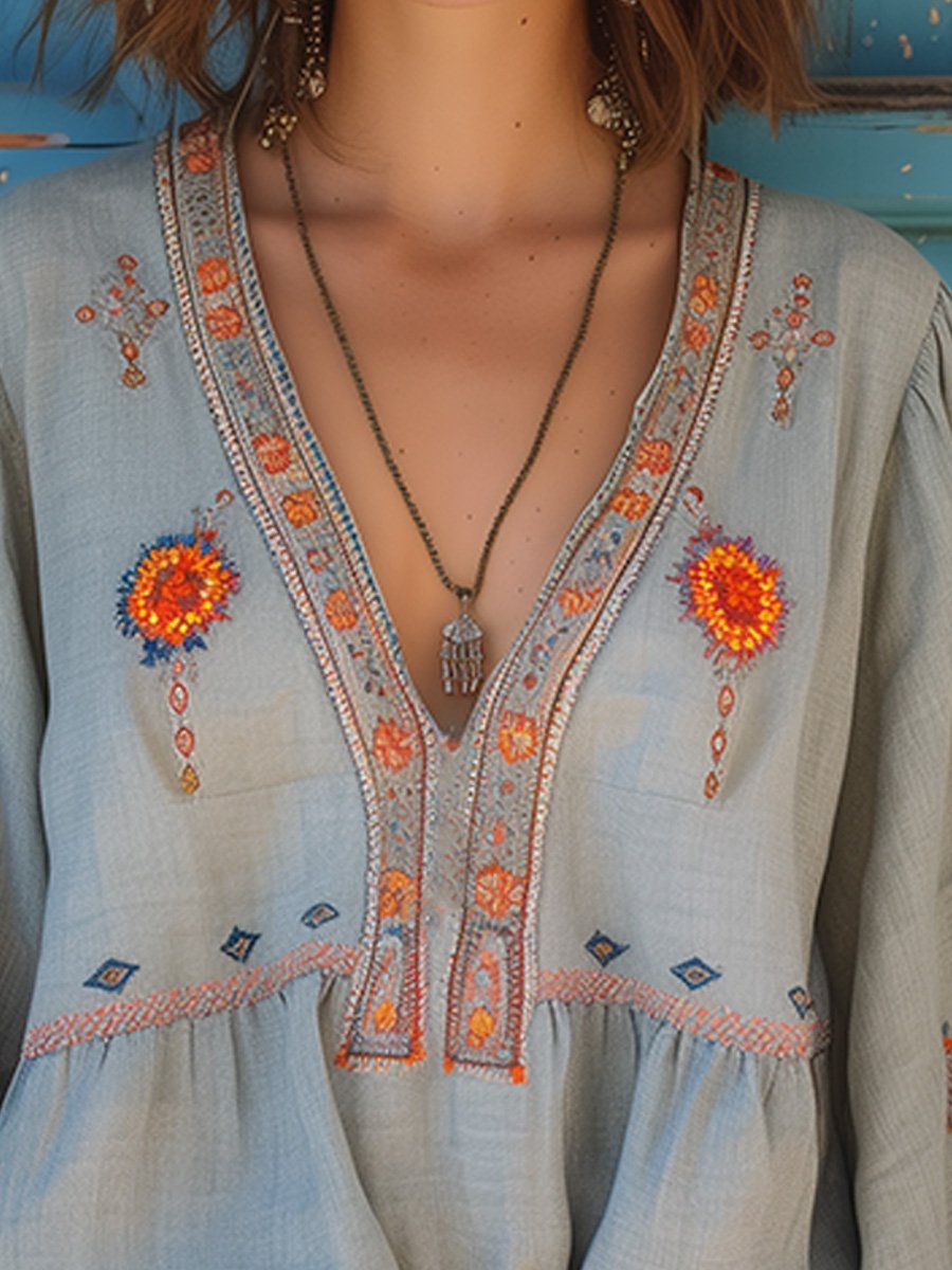 Lightweight Embroidered V-Neck Blouse