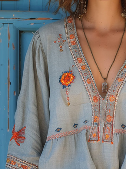 Lightweight Embroidered V-Neck Blouse