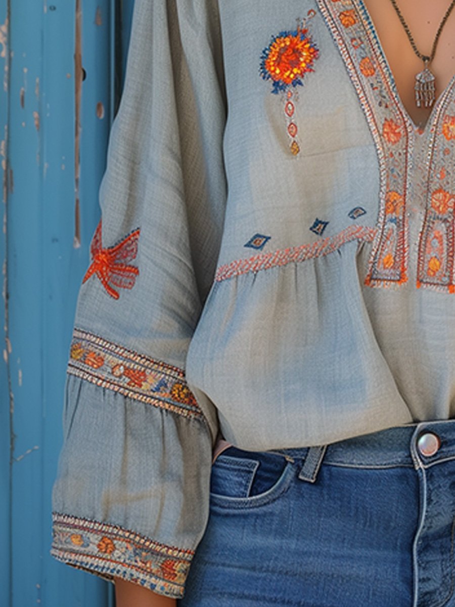 Lightweight Embroidered V-Neck Blouse