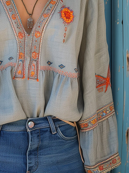 Lightweight Embroidered V-Neck Blouse