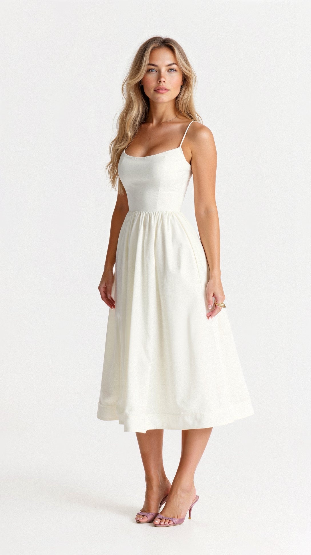 Lightweight Flared Midi Dress with Ascot Neckline