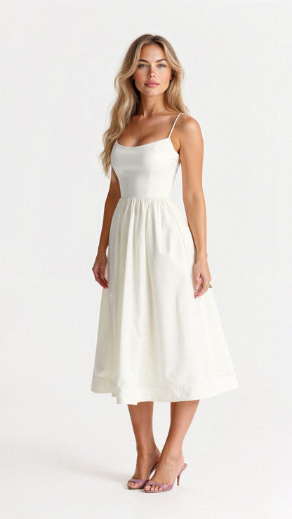 Lightweight Flared Midi Dress with Ascot Neckline
