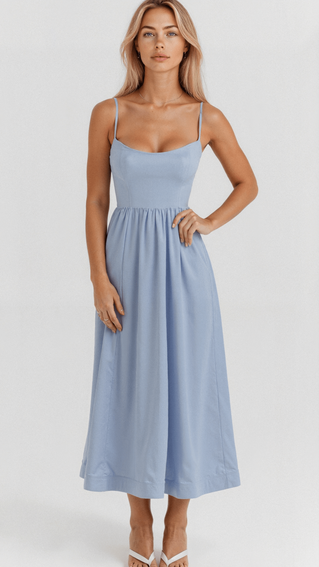 Lightweight Flared Midi Dress with Ascot Neckline