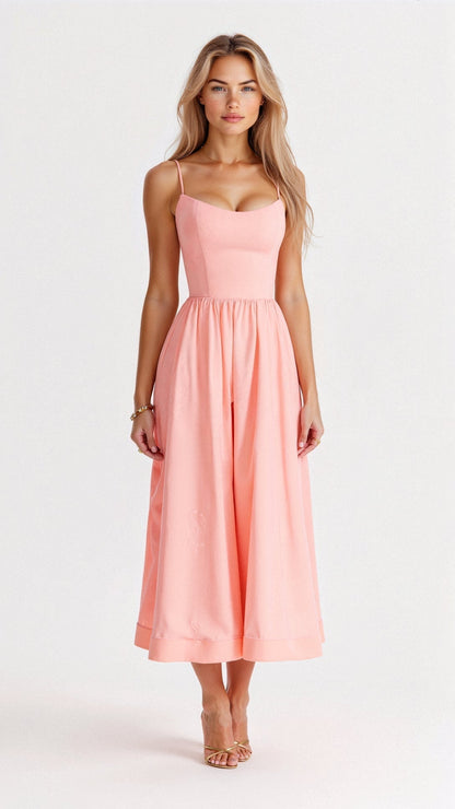 Lightweight Flared Midi Dress with Ascot Neckline