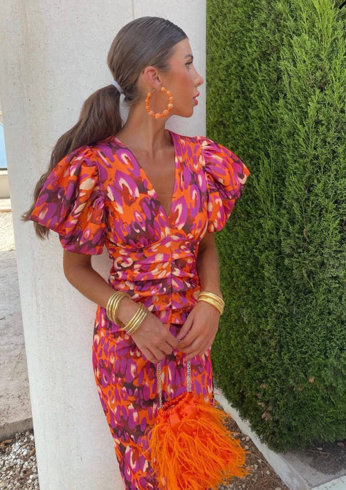 Lightweight Printed Puff Sleeve Midi Dress