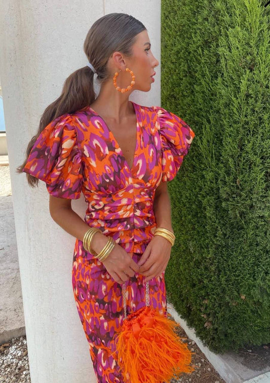 Lightweight Printed Puff Sleeve Midi Dress