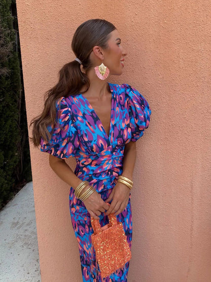 Lightweight Printed Puff Sleeve Midi Dress