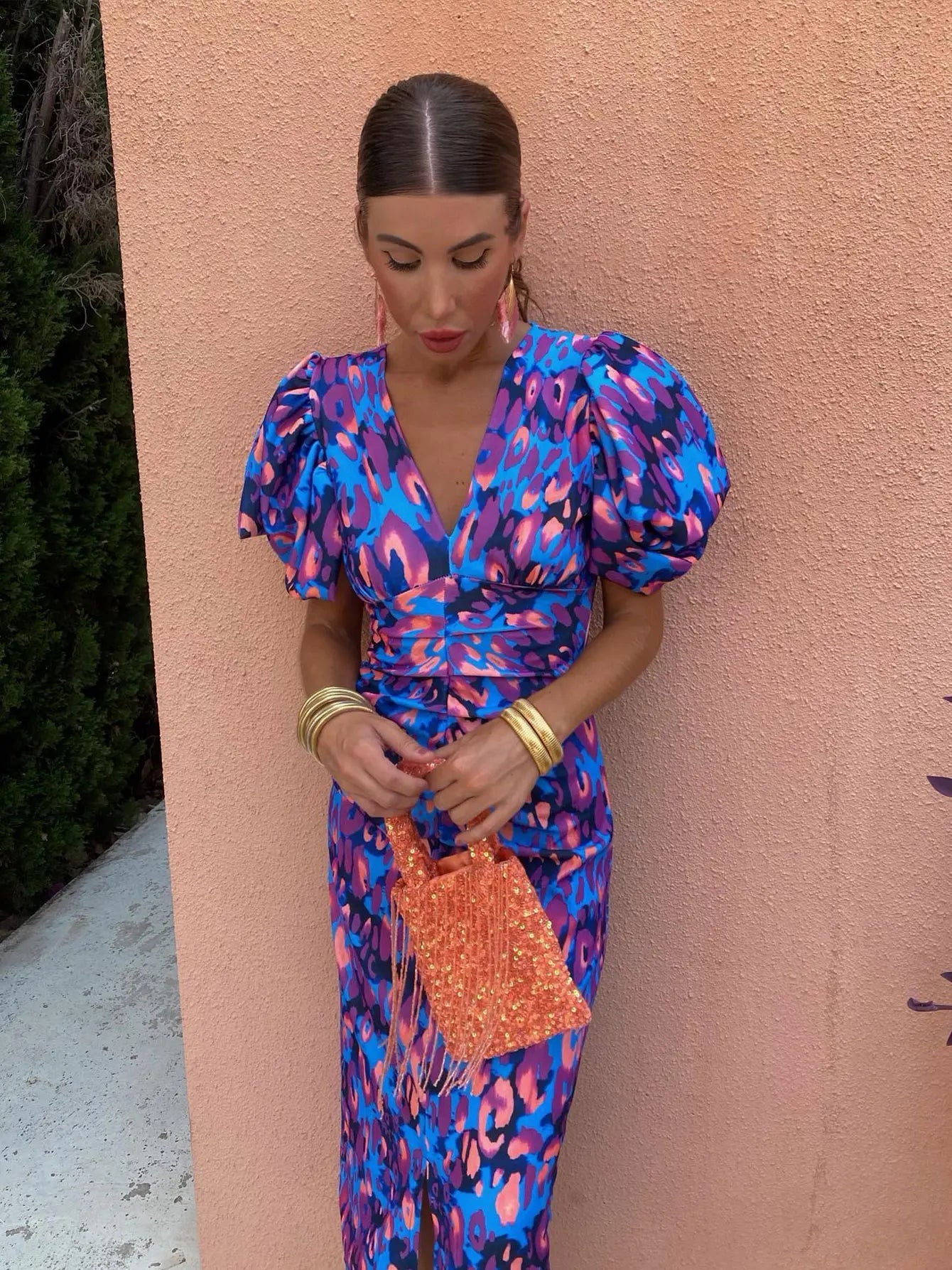 Lightweight Printed Puff Sleeve Midi Dress