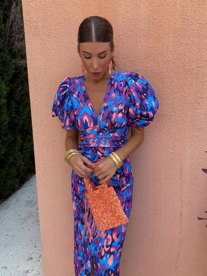 Lightweight Printed Puff Sleeve Midi Dress