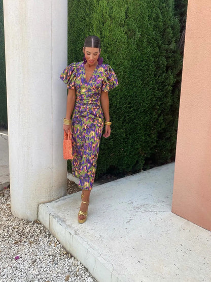 Lightweight Printed Puff Sleeve Midi Dress