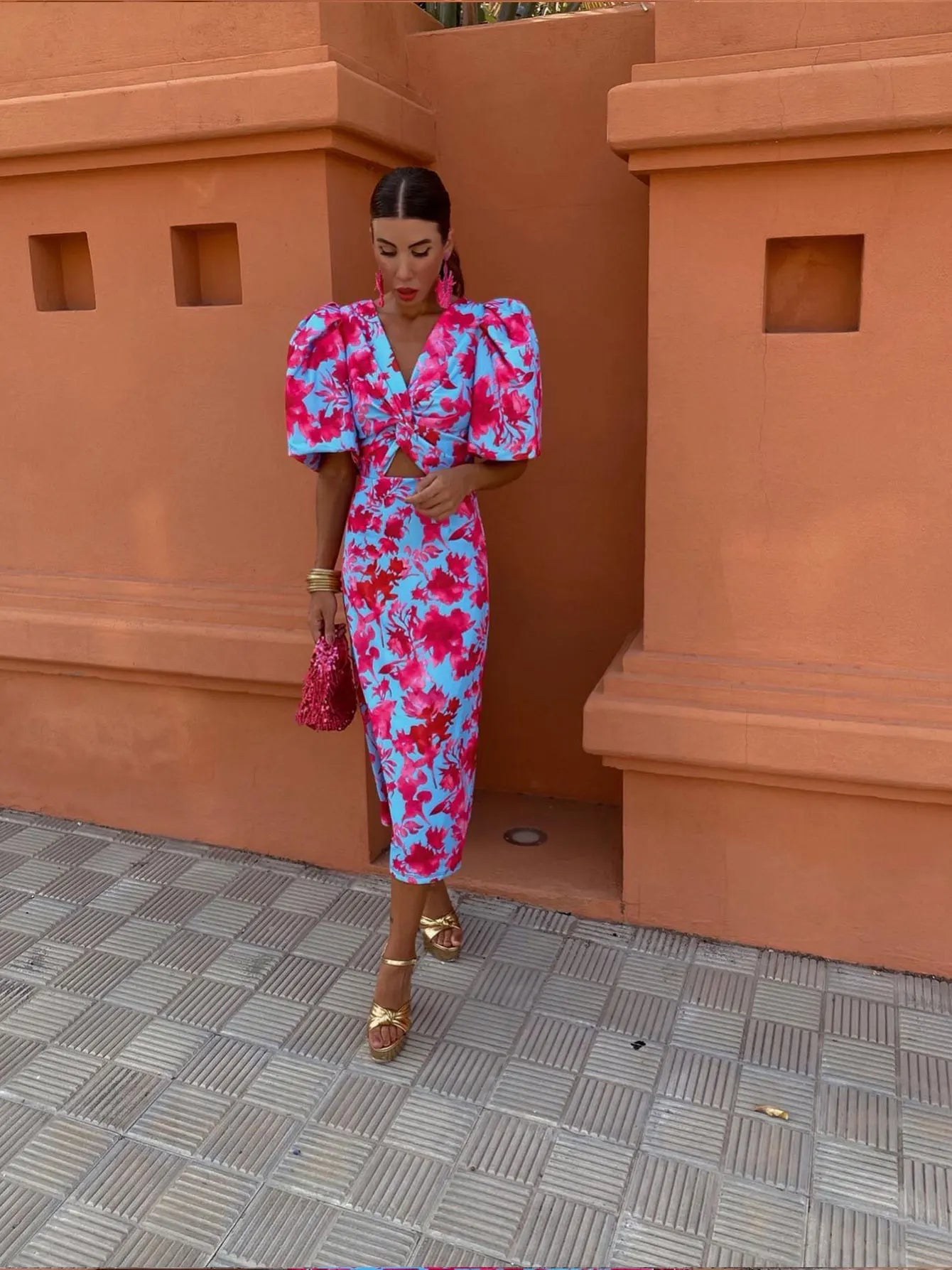 Lightweight Printed Puff Sleeve Midi Dress