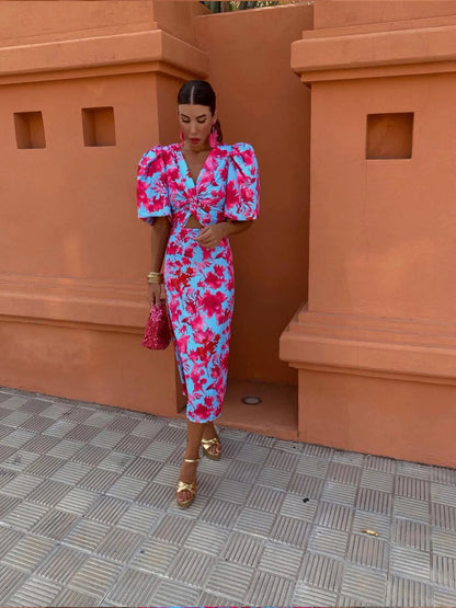 Lightweight Printed Puff Sleeve Midi Dress