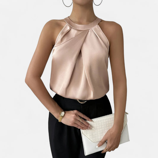Lightweight Satin Pleated High Neck Tank Top