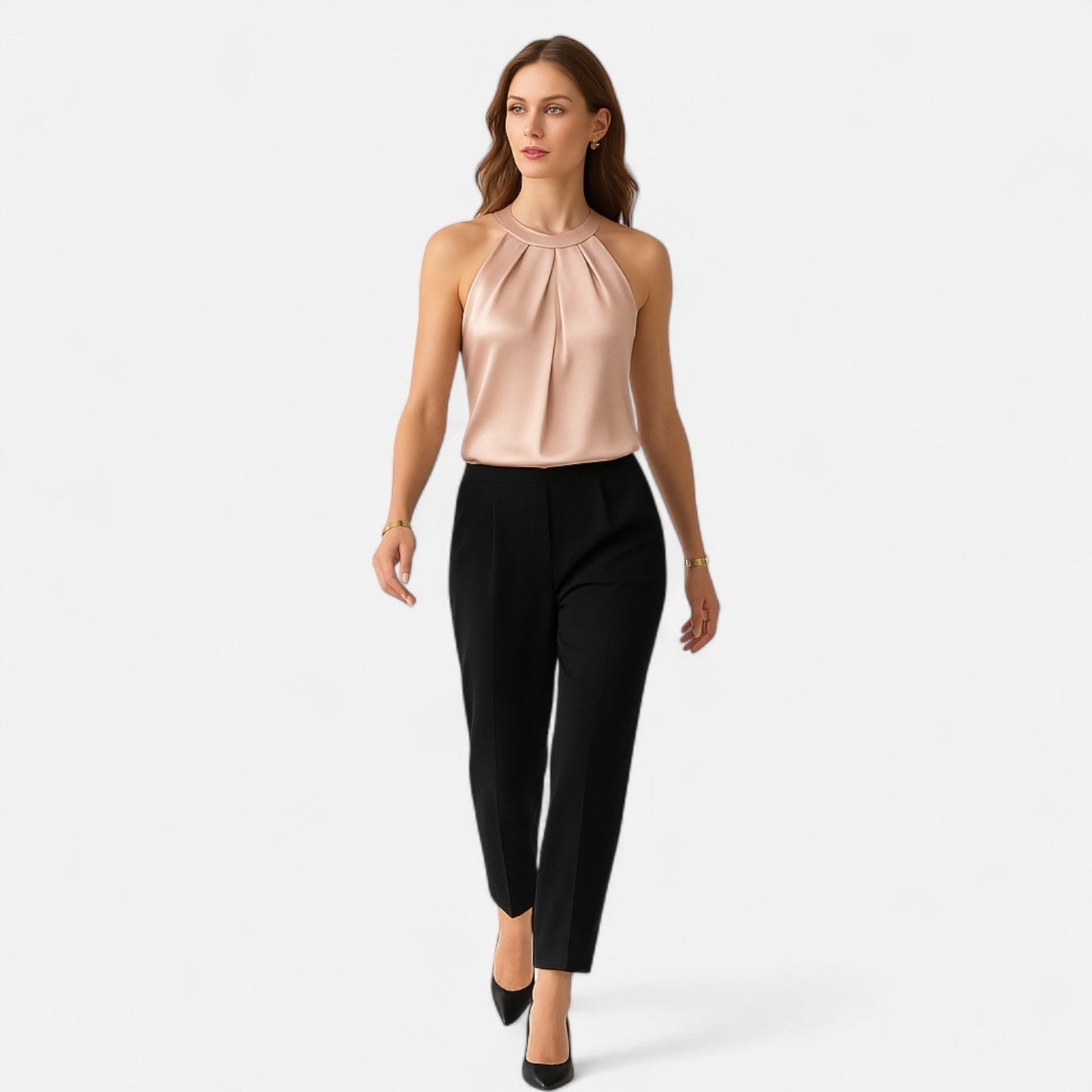 Lightweight Satin Pleated High Neck Tank Top